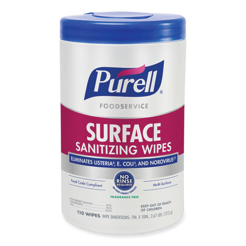 Foodservice Surface Sanitizing Wipes, 1-ply, 10 X 7, Fragrance-free, White, 110/canister, 6 Canisters/carton