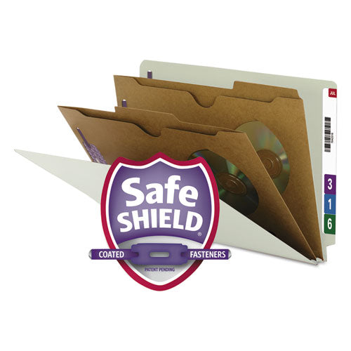 X-heavy End Tab Pressboard Classification Folders, Six Safeshield Fasteners, 2 Dividers, Legal Size, Gray-green, 10/box