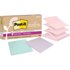100% Recycled Paper Super Sticky Notes, 3" X 3", Wanderlust Pastels, 70 Sheets/pad, 6 Pads/pack