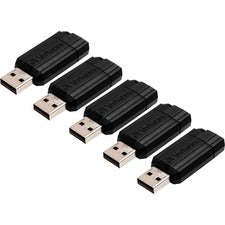 Verbatim PinStripe USB Flash Drives - 16 GB - USB 2.0 - Black - 5 / Bundle