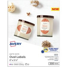 Avery&reg; Printable Blank Oval Labels, 22570, 3-5/16&rdquo;W x 3&rdquo;D, White, Pack Of 200 Labels - 2" Width x 3 21/64" Length - Permanent Adhesive - Oval - Laser, Inkjet - White - Paper - 8 / Sheet - 25 Total Sheets - 200 Total Label(s) - 200 / Pack