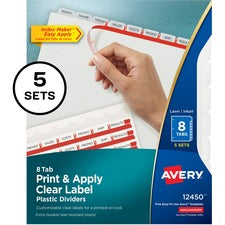 Print And Apply Index Maker Clear Label Plastic Dividers W/printable Label Strip, 8-tab, 11 X 8.5, Frosted Clear Tabs, 5 Sets