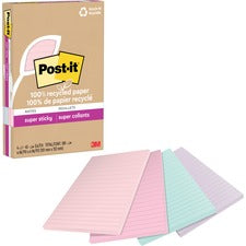 100% Recycled Paper Super Sticky Notes, Ruled, 4" X 6", Wanderlust Pastels, 45 Sheets/pad, 4 Pads/pack