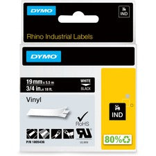 Rhino Permanent Vinyl Industrial Label Tape, 0.75" X 18 Ft, Black/white Print