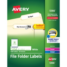 Permanent Trueblock File Folder Labels With Sure Feed Technology, 0.66 X 3.44, White, 30/sheet, 50 Sheets/box