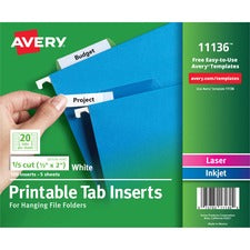 Tabs Inserts For Hanging File Folders, 1/5-cut, White, 2" Wide, 100/pack