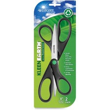 Kleenearth Scissors, 8" Long, 3.25" Cut Length, Black Straight Handles, 2/pack