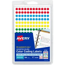 Handwrite Only Self-adhesive Removable Round Color-coding Labels, 0.25" Dia, Assorted, 192/sheet, 4 Sheets/pack, (5795)