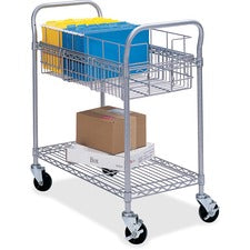 Dual-purpose Wire Mail And Filing Cart, Metal, 1 Shelf, 1 Bin, 26.75" X 18.75" X 38.5", Metallic Gray