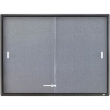 Enclosed Indoor Cork And Gray Fabric Bulletin Board With Two Sliding Glass Doors, 48 X 36, Graphite Gray Aluminum Frame