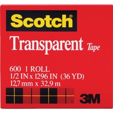 Scotch Transparent Tape - 1/2"W - 36 yd Length x 0.50" Width - 1" Core - 12 / Pack - Clear