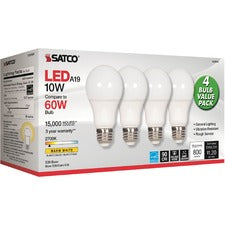 Satco 10W A19 LED 2700K Frosted Bulbs - 10 W - 60 W Incandescent Equivalent Wattage - 120 V AC - 800 lm - A19 Size - Warm White Light Color - E26 Base - 15000 Hour - 4400.3&deg;F (2426.8&deg;C) Color Temperature - 93 CRI - 220&deg; Beam Angle - 4 / Pack