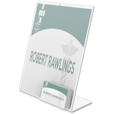 Superior Image Slanted Sign Holder With Business Card Holder, 8.5w X 4.5d X 11h, Clear