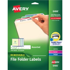 Removable File Folder Labels With Sure Feed Technology, 0.66 X 3.44, White, 30/sheet, 25 Sheets/pack