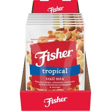 Fisher Tropical Trail Mix - No Artificial Color, Resealable Bag - Banana, Almond, Cashew, Pineapple, Mango - 6 / Carton