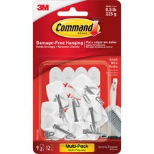 General Purpose Wire Hooks Multi-pack, Small, Metal, White, 0.5 Lb Capacity, 9 Hooks And 12 Strips/pack