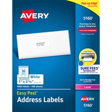 Easy Peel White Address Labels W/ Sure Feed Technology, Laser Printers, 1 X 2.63, White, 30/sheet, 100 Sheets/box