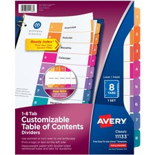 Customizable Toc Ready Index Multicolor Tab Dividers, 8-tab, 1 To 8, 11 X 8.5, White, Traditional Color Tabs, 1 Set