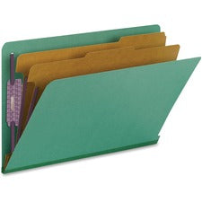 End Tab Pressboard Classification Folders, Six Safeshield Fasteners, 2" Expansion, 2 Dividers, Legal Size, Green, 10/box