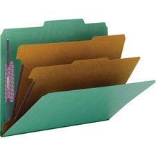 Six-section Pressboard Top Tab Classification Folders, Six Safeshield Fasteners, 2 Dividers, Letter Size, Green, 10/box