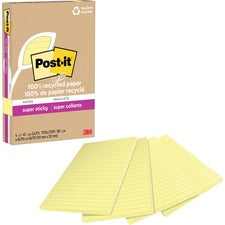 100% Recycled Paper Super Sticky Notes, Ruled, 4" X 6", Canary Yellow, 45 Sheets/pad, 4 Pads/pack