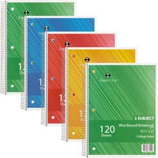 Sparco Wire Bound College Ruled Notebook - 120 Sheets - Wire Bound - College Ruled - Unruled Margin - 16 lb Basis Weight - 8" x 10 1/2" - Assorted Paper - AssortedChipboard Cover - Resist Bleed-through, Subject, Stiff-cover, Stiff-back - 6 / Bundle