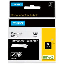 Rhino Permanent Poly Industrial Label Tape, 0.5" X 18 Ft, White/black Print