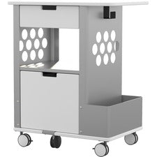 Mobile Storage Cart, Metal, 2 Shelves, 2 Drawers, 1 Bin, 150 Lb Capacity, 28" X 20" X 33.5", White