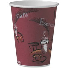 Paper Hot Drink Cups In Bistro Design, 12 Oz, Maroon, 300/carton