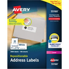 Repositionable Address Labels W/surefeed, Laser, 1 X 2.63, White, 3000/box