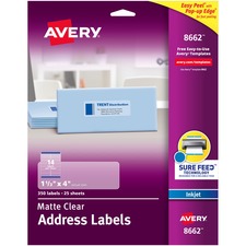 Matte Clear Easy Peel Mailing Labels W/ Sure Feed Technology, Inkjet Printers, 1.33 X 4, Clear, 14/sheet, 25 Sheets/pack