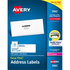 Easy Peel White Address Labels W/ Sure Feed Technology, Laser Printers, 1.33 X 4, White, 14/sheet, 250 Sheets/box