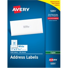 Copier Mailing Labels, Copiers, 1 X 2.81, White, 33/sheet, 100 Sheets/box