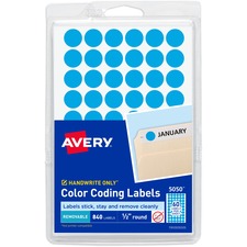Handwrite Only Self-adhesive Removable Round Color-coding Labels, 0.5" Dia, Light Blue, 60/sheet, 14 Sheets/pack, (5050)