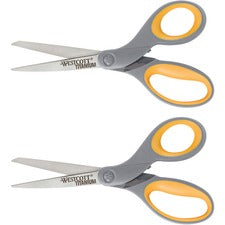 Titanium Bonded Scissors, 8" Long, 3.5" Cut Length, Gray/yellow Straight Handles, 2/pack