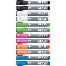 Bullet Tip Low-odor Liquid Glass Markers With Erasers, Broad Bullet Tip, Assorted Colors, 12/pack