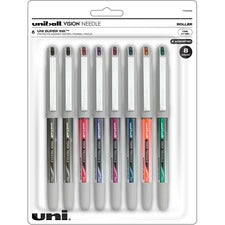 Vision Needle Roller Ball Pen, Stick, Fine 0.7 Mm, Assorted Ink Colors, Silver Barrel, 8/pack