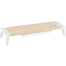 Wooden Monitor Stand With Wireless Charging Pad, 9.8" X 26.77" X 4.13", White