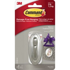 Decorative Hooks, Traditional, Medium, Plastic, Brushed Nickel, 3 Lb Capacity, 1 Hook And 2 Strips/pack