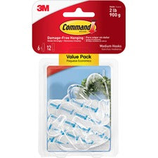 Clear Hooks And Strips, Medium, Plastic, 2 Lb Capacity, 6 Hooks And 12 Strips/pack