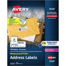 Waterproof Address Labels With Trueblock And Sure Feed, Laser Printers, 1 X 2.63, White, 30/sheet, 50 Sheets/pack