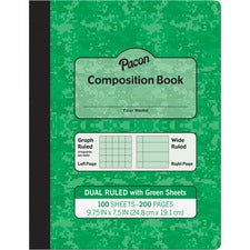 Pacon Dual Ruled Composition Book - Plain - Quad Ruled, Wide Ruled - 9.75" x 7.5" x 0.5" - Green Cover - 24 / Carton