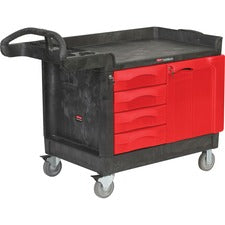 Trademaster Cart With One Door, Plastic, 3 Shelves, 4 Drawers, 750 Lb Capacity, 26.25" X 49" X 38", Black