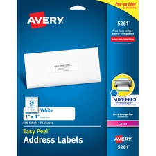 Easy Peel White Address Labels W/ Sure Feed Technology, Laser Printers, 1 X 4, White, 20/sheet, 25 Sheets/pack