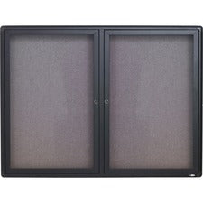Enclosed Indoor Fabric Bulletin Board With Two Hinged Doors, 48 X 36, Gray Surface, Graphite Aluminum Frame