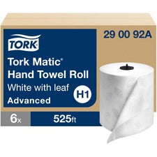 TORK Hand Roll Towel - Tork Matic Hand Towel Roll, White With Gray Leaf, Advanced, H1, 100% Recycled Fiber, High Absorbency, Medium Capacity, 2-Ply, 6 Rolls X 525 Ft, 290092A