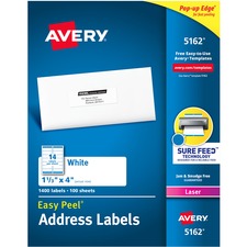 Easy Peel White Address Labels W/ Sure Feed Technology, Laser Printers, 1.33 X 4, White, 14/sheet, 100 Sheets/box