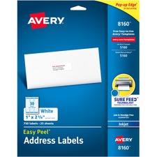 Easy Peel White Address Labels W/ Sure Feed Technology, Inkjet Printers, 1 X 2.63, White, 30/sheet, 25 Sheets/pack