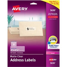 Matte Clear Easy Peel Mailing Labels W/ Sure Feed Technology, Laser Printers, 1 X 2.63, Clear, 30/sheet, 25 Sheets/box