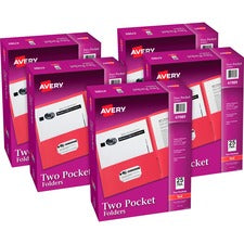 Avery&reg; Letter Pocket Folder - 8 1/2" x 11" - 40 Sheet Capacity - 2 Internal Pocket(s) - Embossed Paper - Red - 125 / Carton